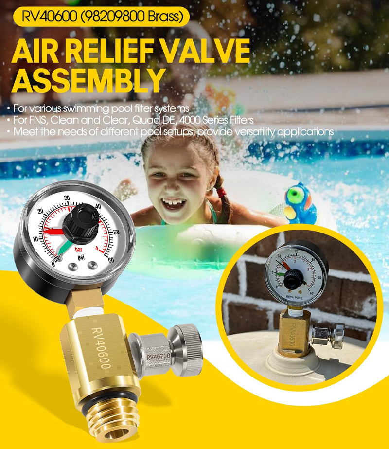 98209800 High Flow Manual Relief Valve/Air Relief Manual Valve Assembly with Pressure Gauge, Replacement for Pool and Spa Filter (RV40600 (98209800 Brass)) RV40600 (98209800 brass)