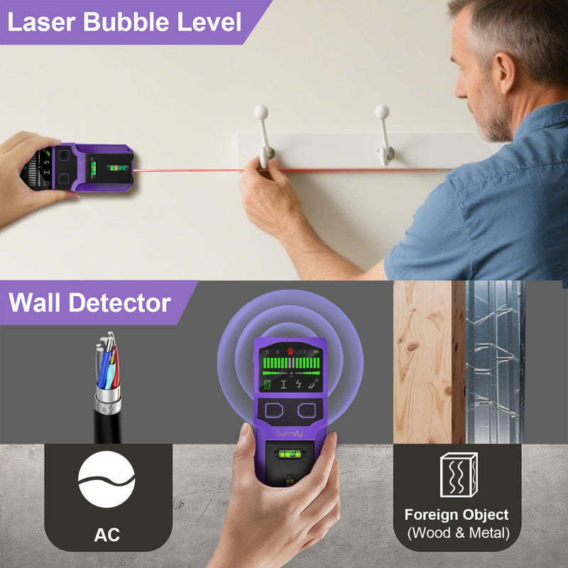 SUNMAY Stud Finder for Walls, 7-in-1 Wall Scanner with Upgraded Intelligent Chip for Wood Metal Studs, Live AC Wires, Joists and Pipes, HD LCD Display, Voice Alerts and Accurate Positioning