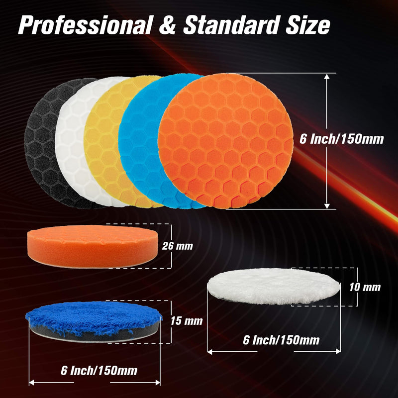 Buffing Polishing Pads 6 Inch - 7Pcs 150mm Face for 6 Inch 150mm Backing Plate, Car Compound Buffing Sponge Pads and Woolen Cutting Polish Pad Kit for Car Polishing and Waxing 6in