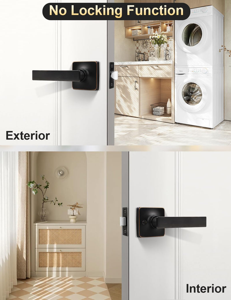 Mengico 2 Pack Passage Door Levers Oil Rubbed Bronze Finish, No-Locking Keyless Square Door Knob, Interior Door Handles for Closet and Hallway, Reversible for Left & Right Handed Passage Function - Keyless