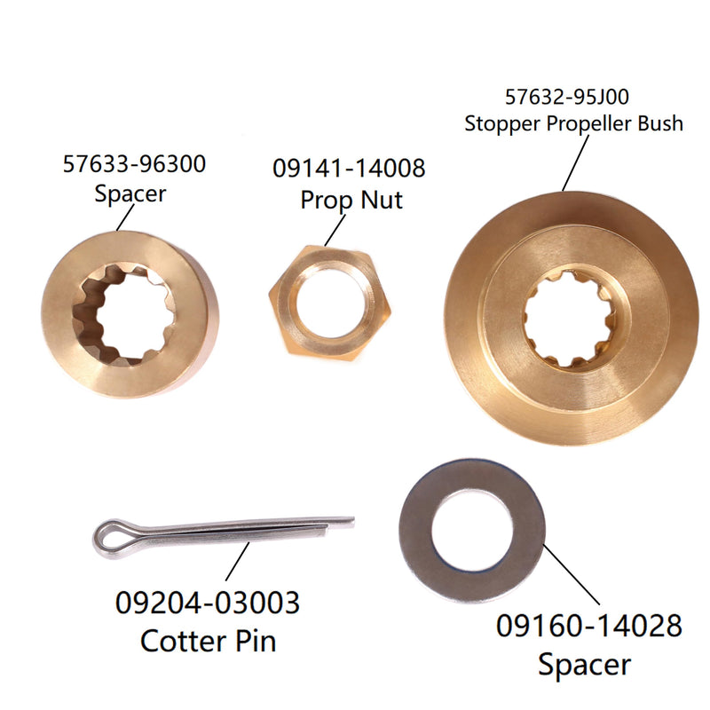 Boat Engine 57632-95J00 Stopper Propeller Bush / Thrust Washer, 57633-96300 09160-14028 Spacer, 09141-14008 Prop Nut Hardware Kit for Suzuki 25HP 30HP DF25 DF30, 5037037 5032105 for Evinrude Johnson