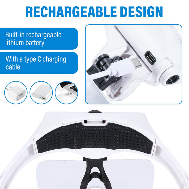 YOCTOSUN Magnifying Glasses with 4 LED Lights, Head Mount Magnifier with Storage Case,5 Lenses, Headband, Hands Free Lighted Head Magnifying Visor for Hobby Crafts & Close Work White With Storage Case