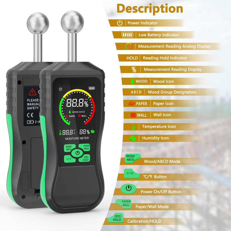 Pinless Moisture Meter, Non-Destructive Spherical Probe Moisture Tester for Wood, Drywall, Concrete & Masonry, Digital Water Leak Detector for Household & Construction Use