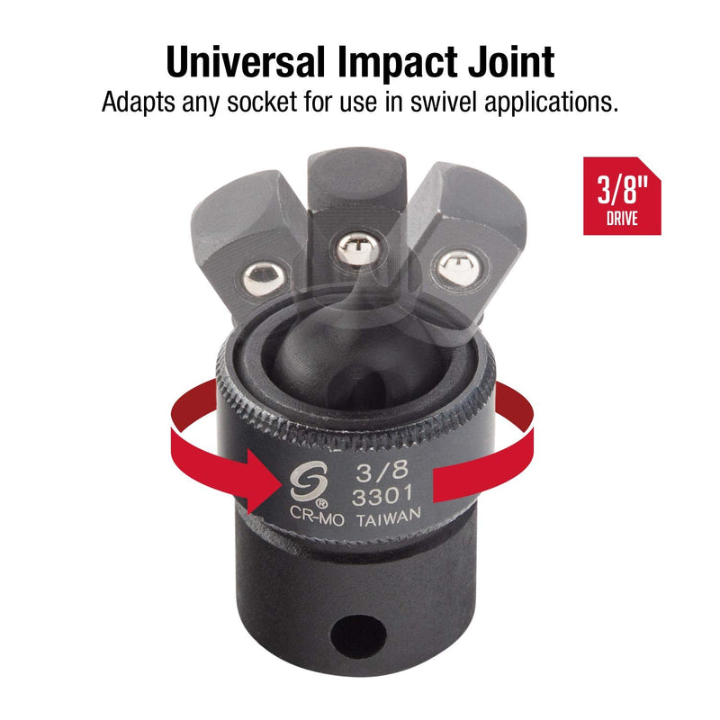 SUNEX TOOLS 3301, 3/8 Inch Drive, Universal Impact Joint, Cr-Mo Alloy Steel, Cr-Mo Steel, Radius Corner Design, Flexible, Meets ANSI Standards