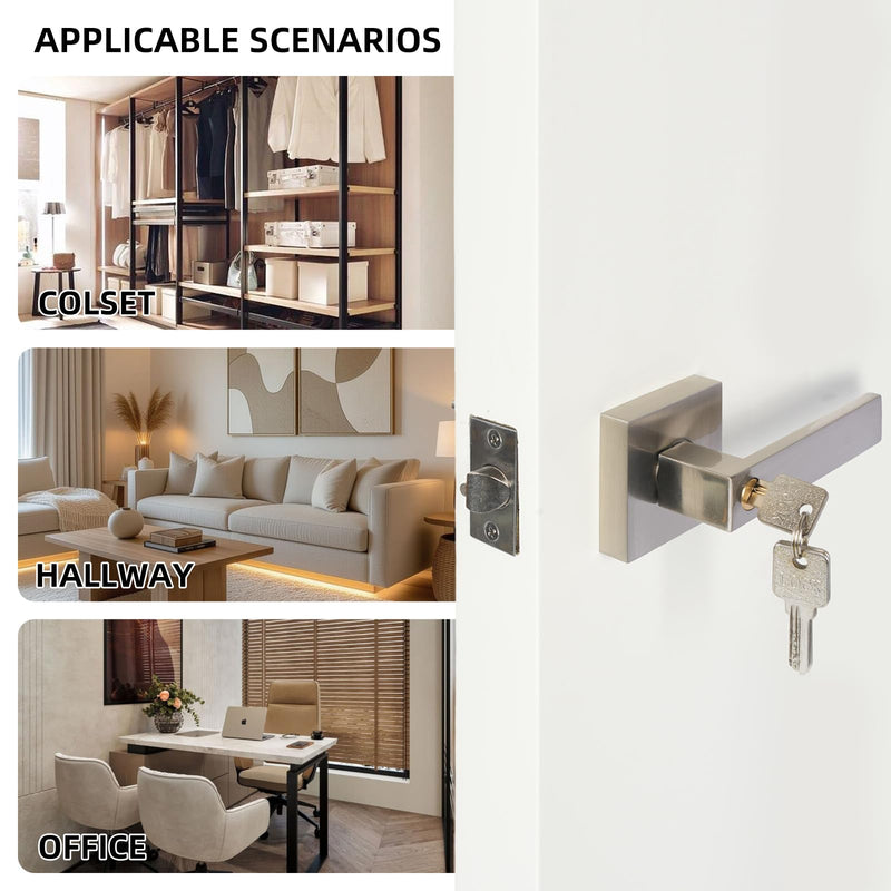 Entrance Lever Door Handle , Square Door Lever for Bedroom or Office, Passage Door Privacy Locking Interior/Exterior Entry Door Knob Silver