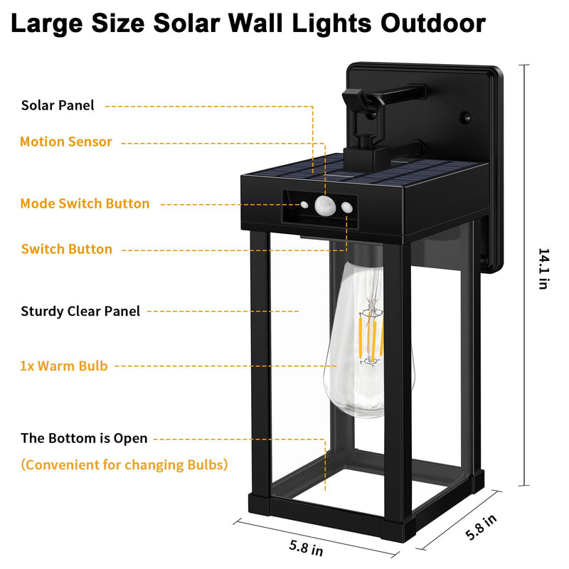 Auzev Outdoor Solar Wall Lights Fixtures Exterior Solar Lantern Lights With Clear Panel, Motion Sensor 3Lighting Modes Modern Sconce Waterproof Outside Lamp for House Garage (Black-1P) Black-1Pack