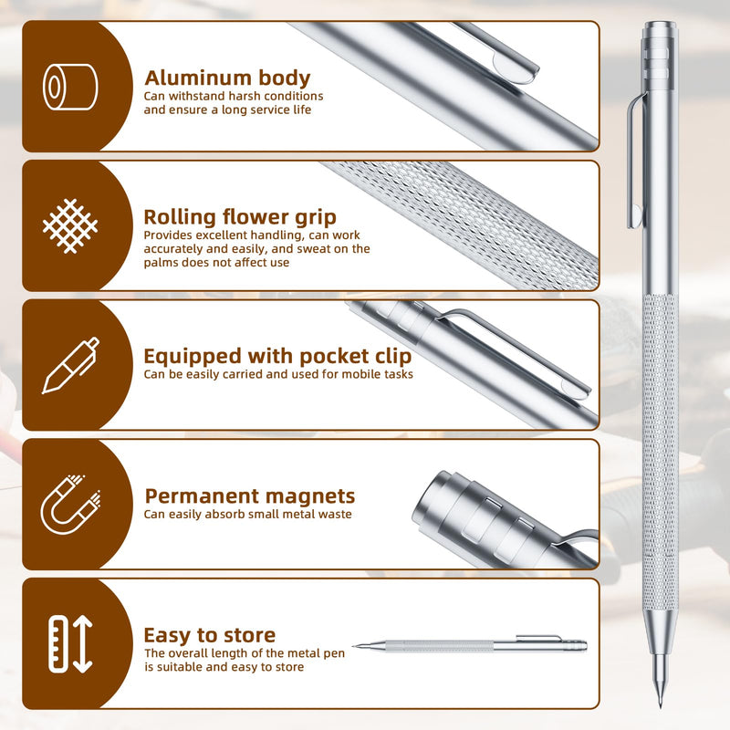 5-Pack Tungsten Carbide Scriber, Metal Scribe Tool with 25 Replacement Marking Tips & Steel Ruler - Knurled Aluminum Handle & Magnet, Engraving Pen for Glass/Ceramics/Metal Sheet (5) 5