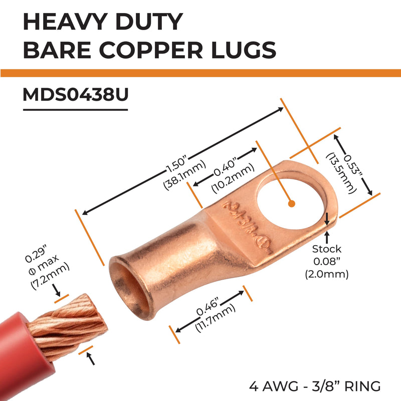SELTERM 25pcs 4 AWG 3/8" Stud Battery Lugs, Ring Terminals, Heavy Duty Copper Wire Lugs, Battery Cable Ends, 4 Guage Ring Terminal Connectors, UL Bare Copper Eyelets Electrical Battery Cable Lugs 4 Awg - 3/8" (M10) Ring Bare Copper Lugs 25