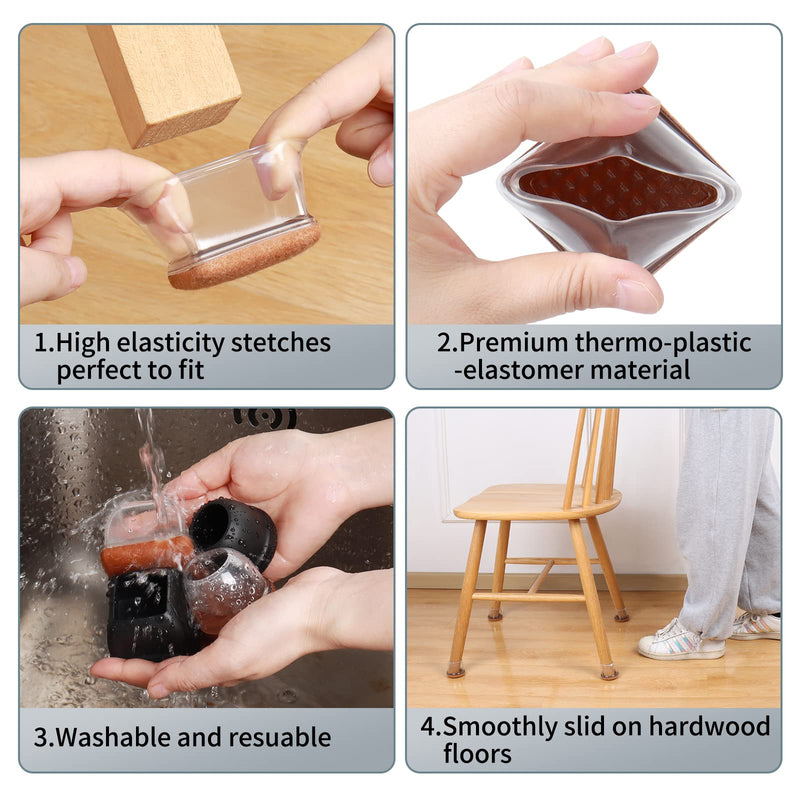 Ezprotekt 24 Pcs XL Square Clear Chair Leg Floor Protectors, Silicone Felt Furniture Pads Caps for Hardwood Floor, Dining Table Bar Stool Leg Protectors Leg Cups Covers (XL Fit: 1.5"-2") Clear-24pcs XL-Square