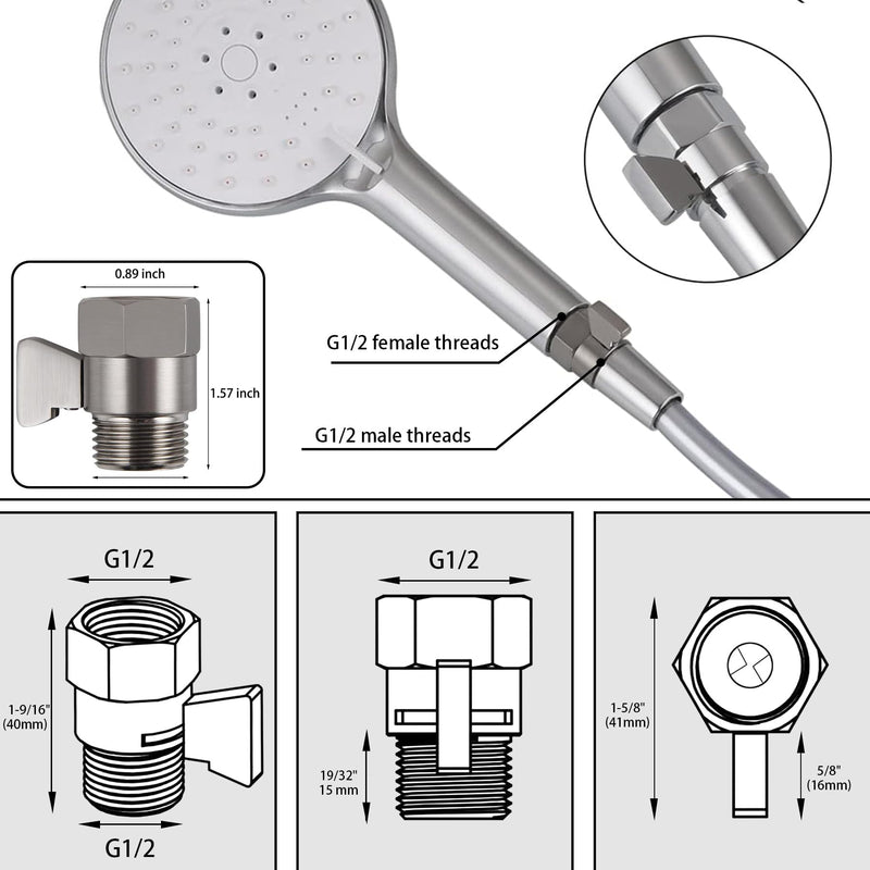 Shower Shut Off Valve, Shower Flow Control Valve,Soild Brass Flow Pressure Regulator for Handheld Shower Head G1/2 Brushed Nickel