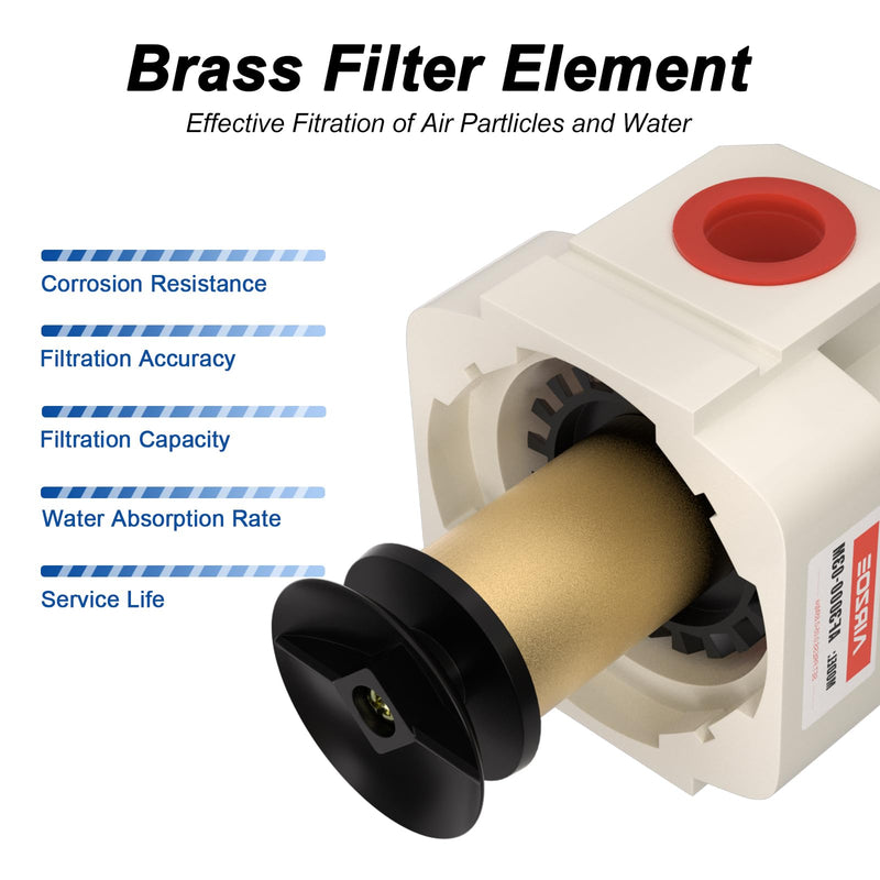3/8" NPT Air Dryer for Compressor - Air Compressor Water Separator AF3000-03, Manual Drain,5 Micron Brass Element, Poly Bowl, 0-150 psi Gauge 3/8" NPT
