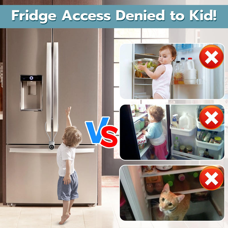 Fingerprint Cable Lock, Fridge Lock with Fingerprint Bluetooth APP Control, Smart Biometric Waterproof Child-Proof Refrigerator Locks for Kids & Adults Fridge French Door Cabinet Gate Silver
