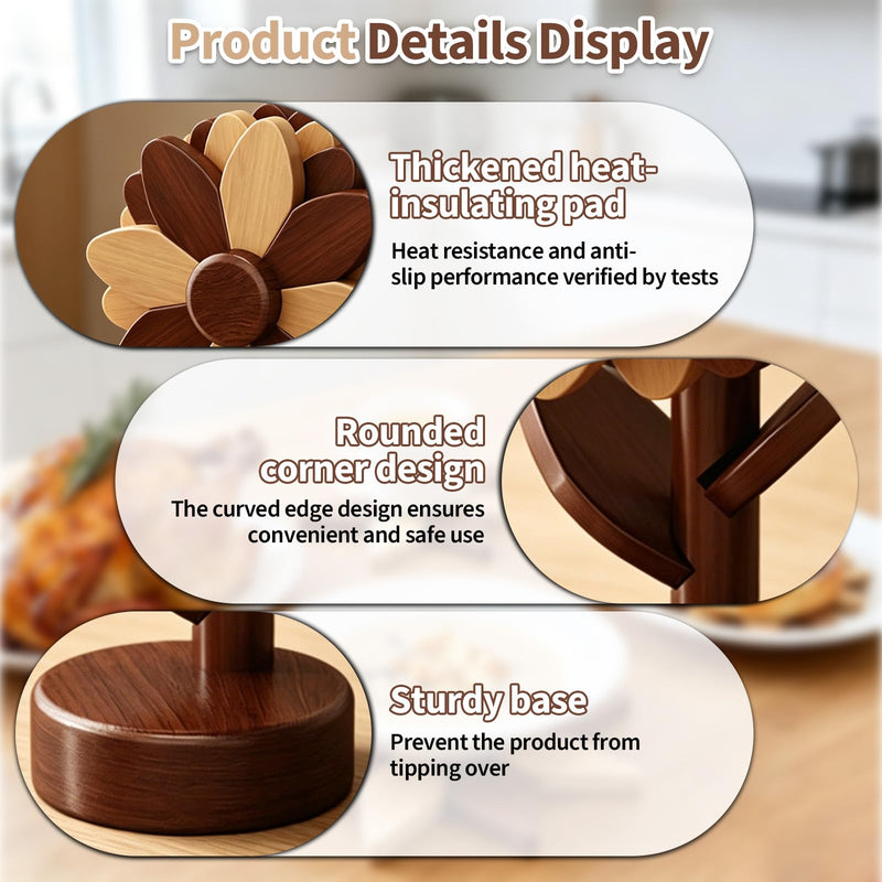 5 Wooden Trivets for Hot Dishes-Sunflower Kitchen Decor, Heat Resistant Foldable, Hot Dishes Tree Shape Trivet Set for Hot Pot Holders Bowl Pot, Housewarming Gifts (Walnut & Beech Wood, L) Walnut & Beech Wood Large