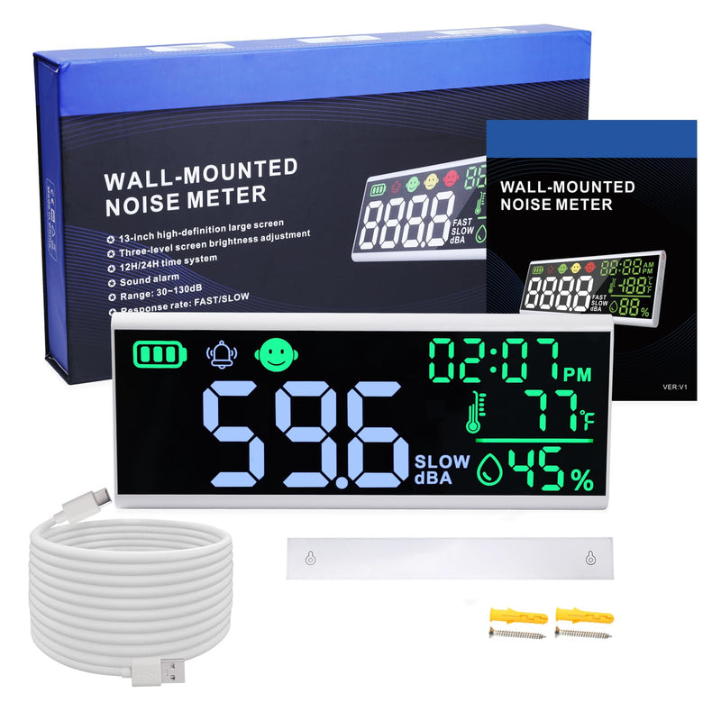 Decibel Meter 13 inches Sound Decibel Meter, Wall Hanging and Desktop Sound Level Meter Large LED Noise Meter Displays Decibel Time Temperature Humidity with Buzzer & Icons Alarm for Classroom Studio
