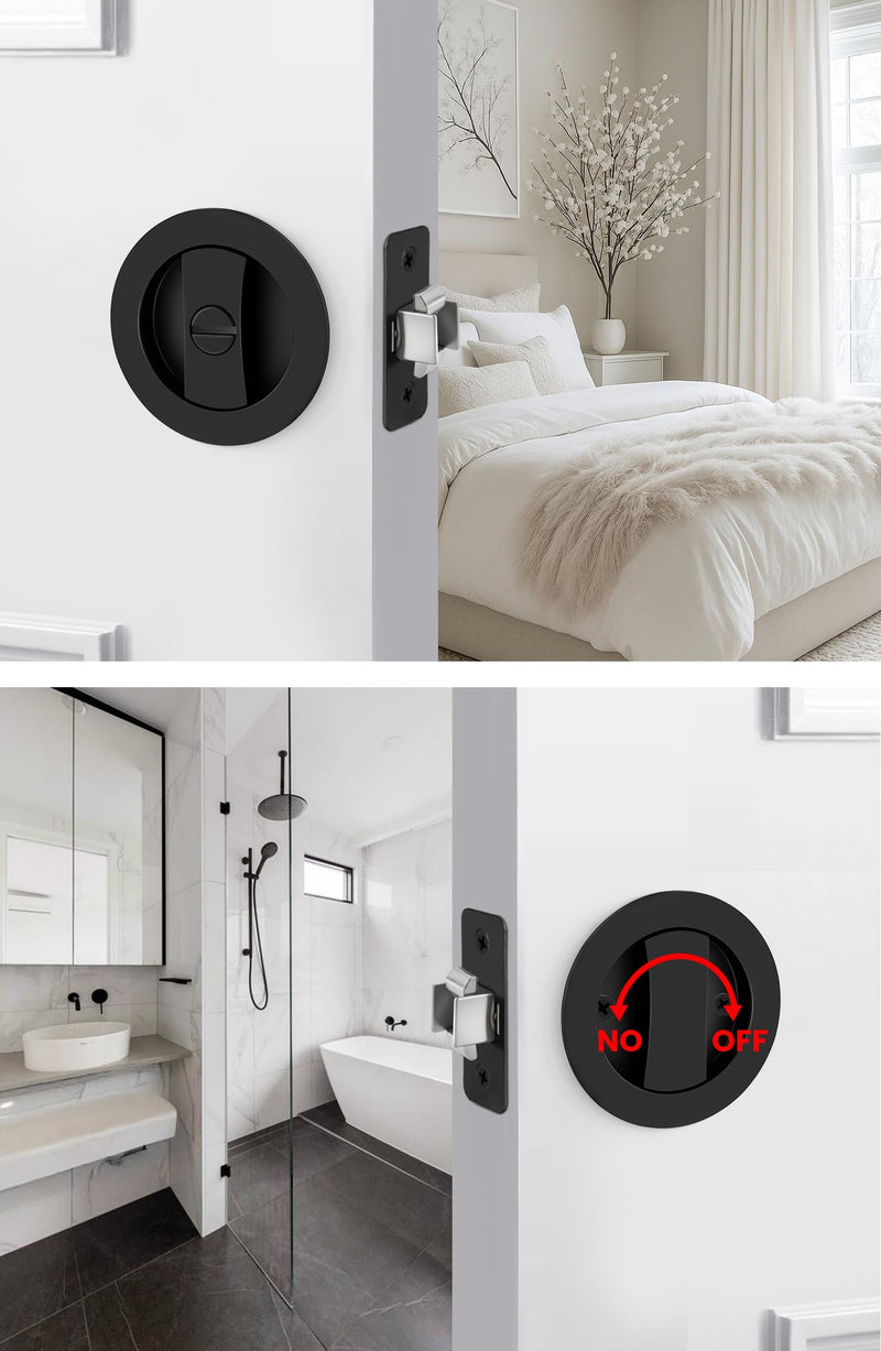 goldenwarm Matte Black Round Pocket Door Lock, Pocket Door Hardware for 2-1/8'' Round Bore Hole, Pocket Door Handles Fit 1-1/4'' to 2'' Thickness Sliding Door 2-3/8'' Latch 1 Pack Classic 1 Pack