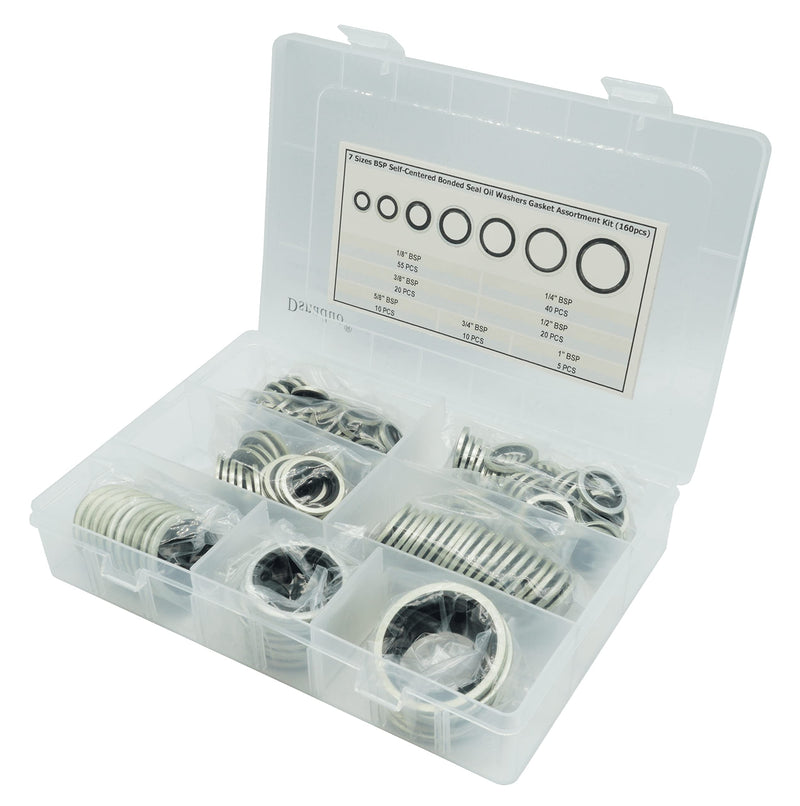 160Pcs, 7 Sizes BSP Dowty Self-Centered Bonded Seal Oil Washers Gasket Assortment Kit Replace 32300 with Box (1/8, 1/4, 3/8, 1/2, 5/8, 3/4, 1), for Automotive, Bearings, Pumps