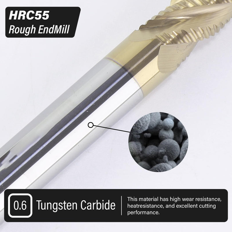 3/8" Roughing End Mill 4 Flute Tungsten Carbide Milling Cutter Bits | ZrN Coating, for Alloy Steels, Hardened Steels 1 3/8 in