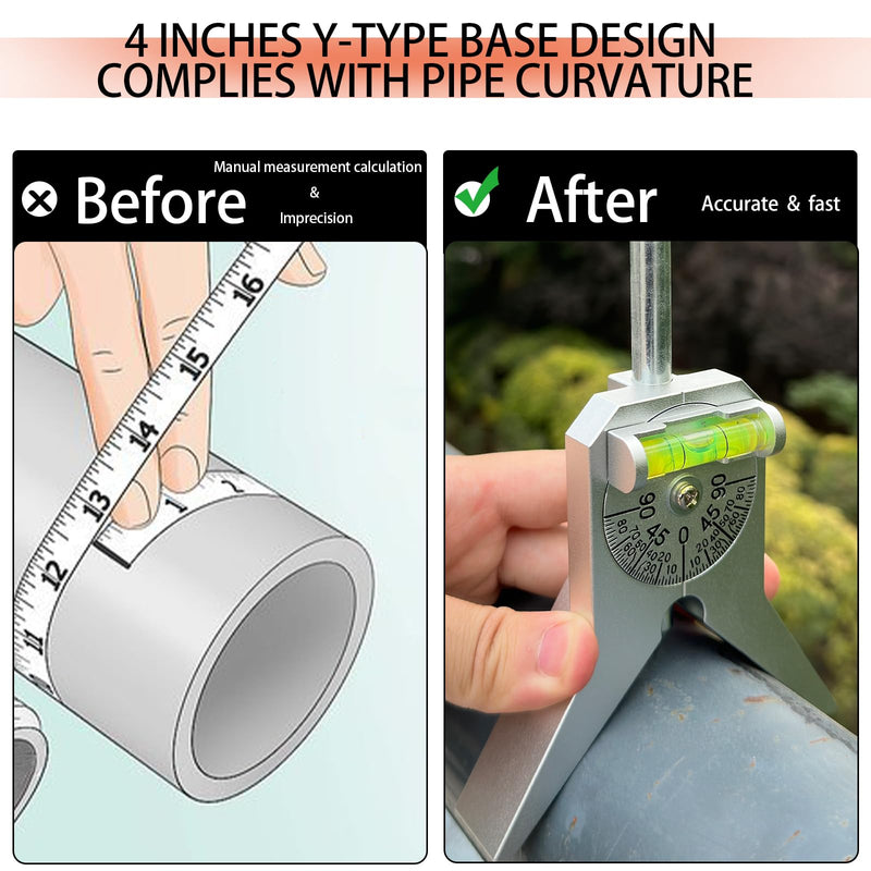 Upgraded Pipe Center Finder, Measure Pipe Diameter, Pipefitter Tools With Centering Head, Measure Pipe Diameter Over 0.5" & up With 4" Y-Type Base and Adjustable Dial Bubble Protractor Silvery
