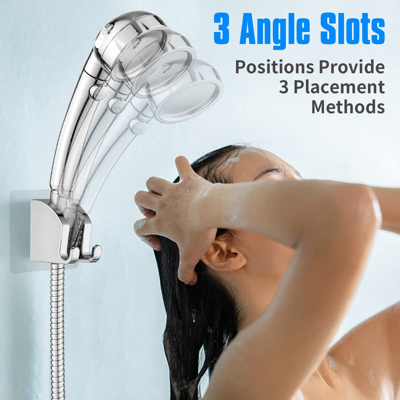 JONKEAN Chrome Handheld Shower Head Holder with 2 Hanger Hooks, Strong Adhesive Shower Head Holder, Adjustable Shower Wand Holder Wall Mount, Bathroom Waterproof Shower Handle Holder No Drill Need 1 Pack