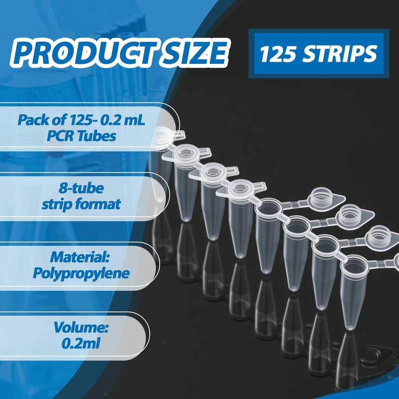 LemonRoad 125 Strips 0.2 ml PCR Tubes with Shingled Flat Caps PCR Reaction Microcentrifuge Tube