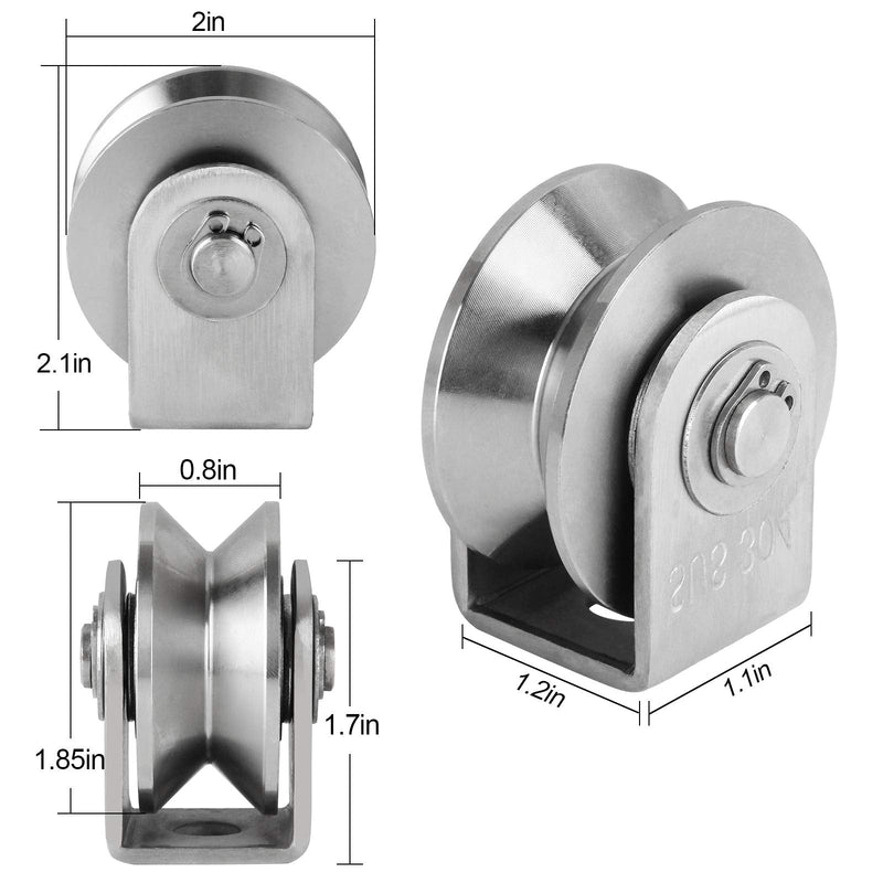 2PCS V Type Pulley Roller 304 Stainless Steel Pulley Block Duplex Bearing Super Silent Heavy Duty Grooved Wheel, Loading 500lb for Material Handling and Moving, Gym Wire Rope Rail Sliding Gate