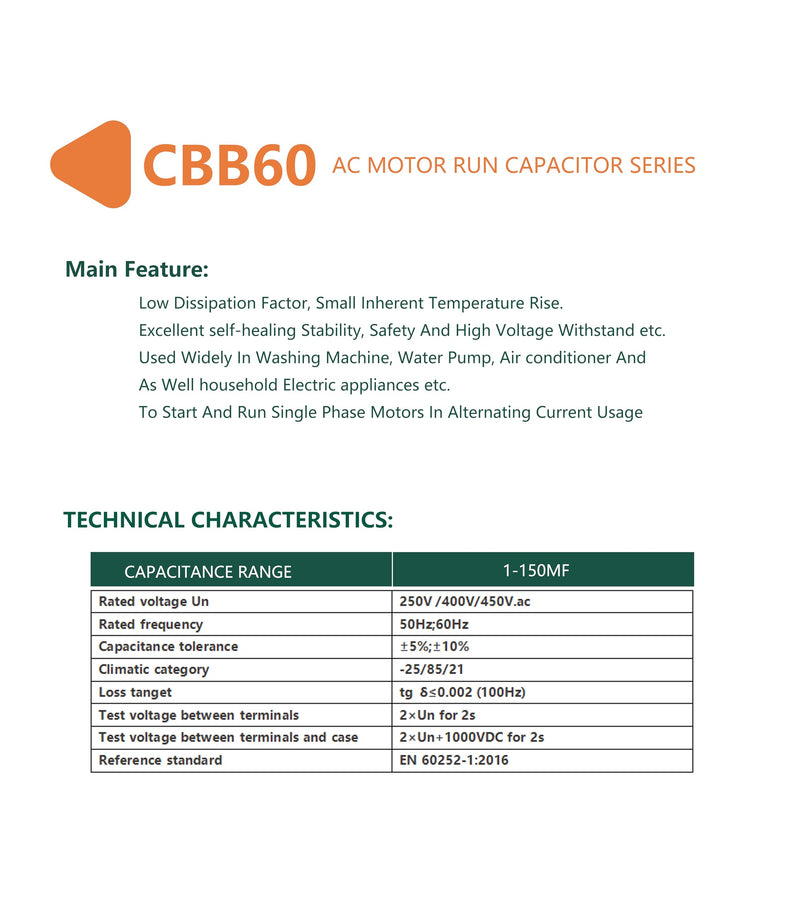 CBB60 16uF Motor Start Run Capacitor MFD 250VAC 50/60hz Cylindrical(16uF)