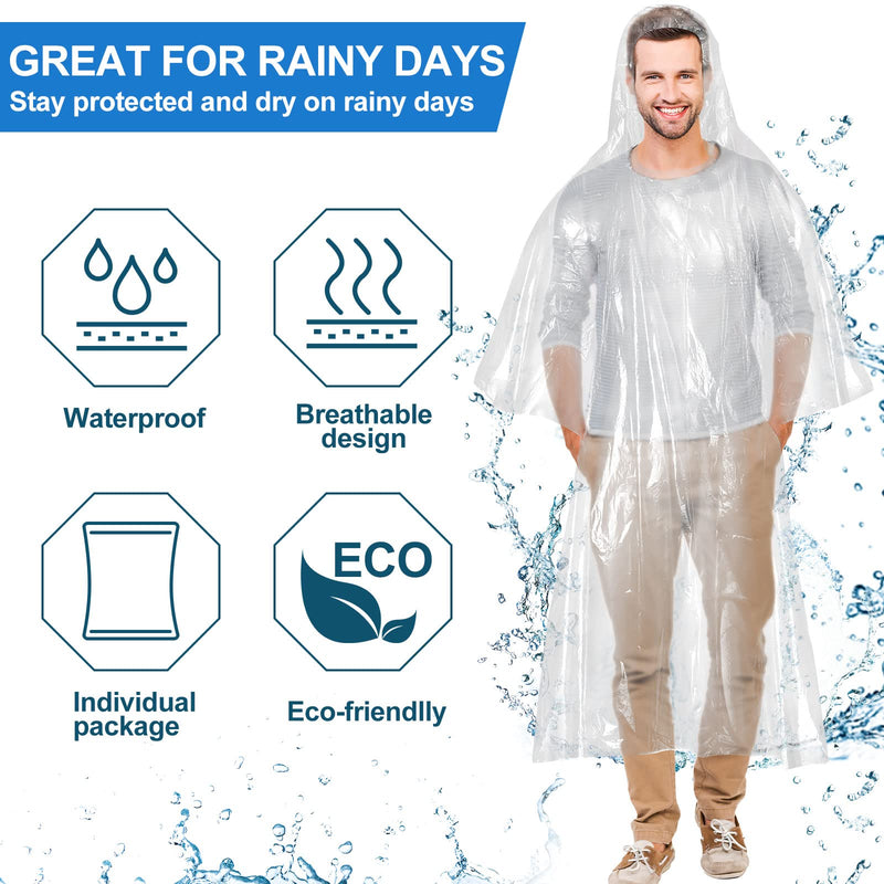 Handepo 100 Pack of Adult Rain Ponchos with Hood Disposable Rain Ponchos Plastic Emergency Raincoat Poncho for Men Women Kids White