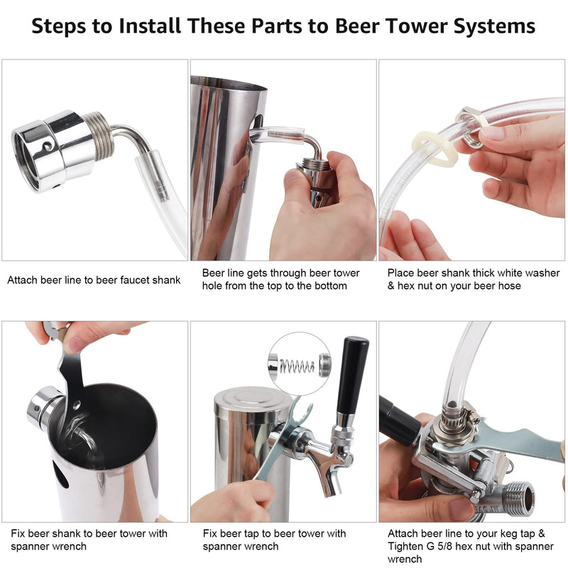 Draft Beer Line Shank Faucet Kit, Stainless Core Beer Tap Self-Closing Spring Tap Wrench No Leak 3/16'' Brewing Tubing 1/4'' Keg Coupler Barb Fitting Hose Clamp Kegerator Tower Replacement Set