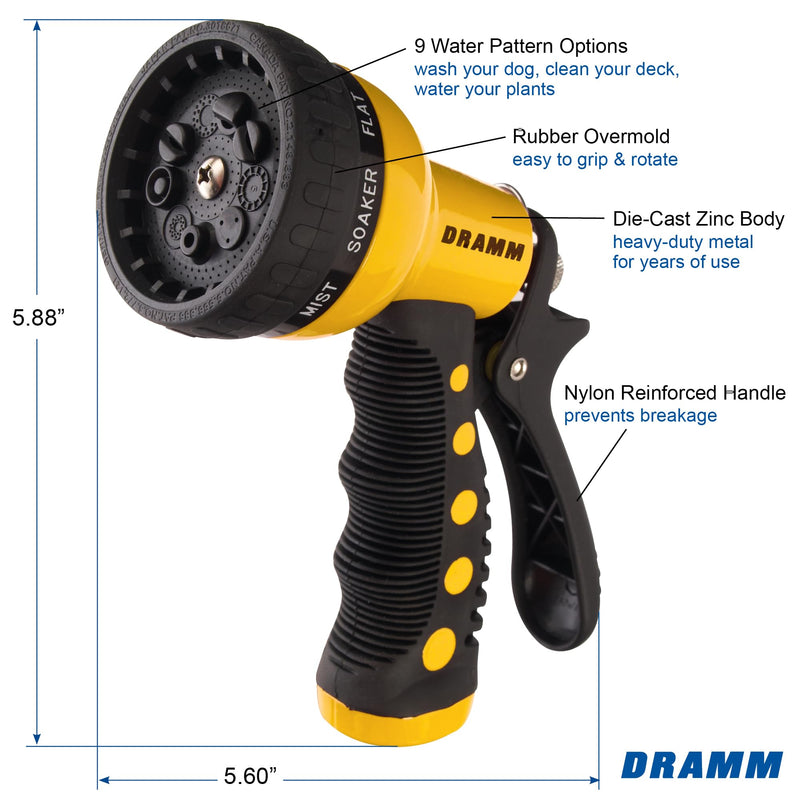 Dramm Revolver Heavy Duty Metal Garden Hose Nozzle – 9 Spray Patterns, High Pressure Jet, Thumb-Control Flow, Ergonomic Grip – Yellow No Size (Single) 9-Pattern Revolver