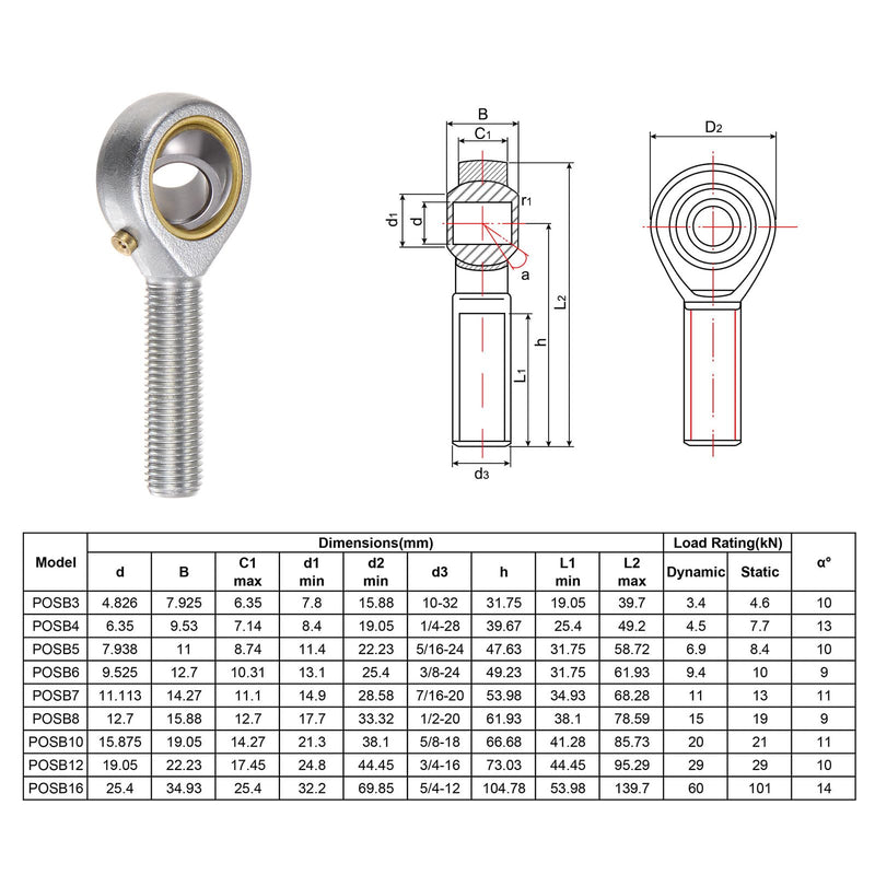 uxcell POSB6 Male Rod End Bearing 3/8 Inch Bore and 3/8-24 Right Hand Thread, Self-Lubricating Joint Rod Ends, Includes Jam Nut