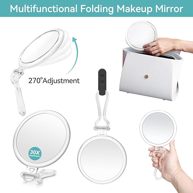 Hand Mirror, 30x and Equal Double Sided Makeup Mirror, Stand & Hand Mirror, Lightweight, Compact, Convenient to Carry, Round - NewNest Australia