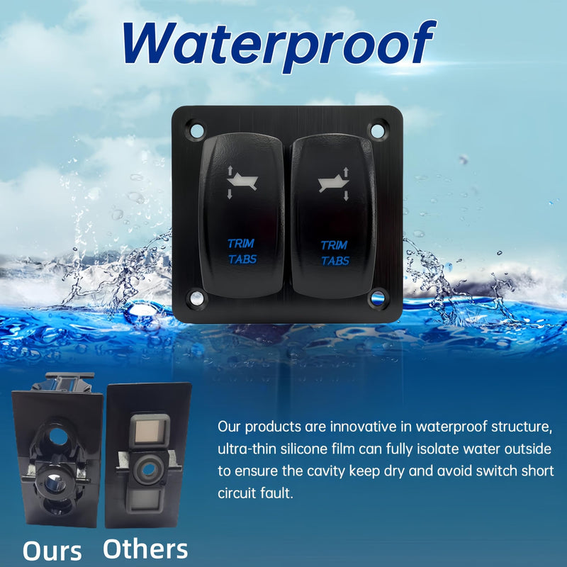 Trim Tabs Rocker Switch Panel 12V/20A 24V/10A 7 Pin DPDT 3 Position (ON)-Off-(ON) Boat Waterproof Trim Switch, 2 Gang Momentary/Latching Toggle Switch Panel for Marine Console (Momentary, Blue)