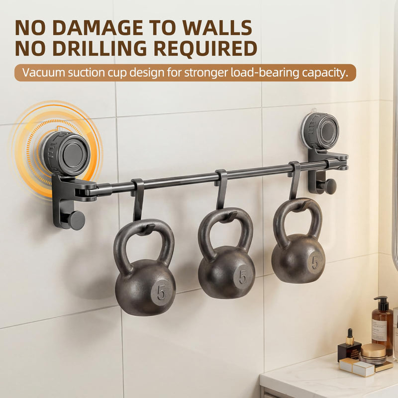 Adjustable Suction Cup Towel Bar for Bathroom Wall, 20-34" Extendable Carbon Steel Towel Racks, Space Saving Grey Bath Towel Holder with Hooks, No-Drill Mounted (20-34IN, 1-Tier) 20-34IN