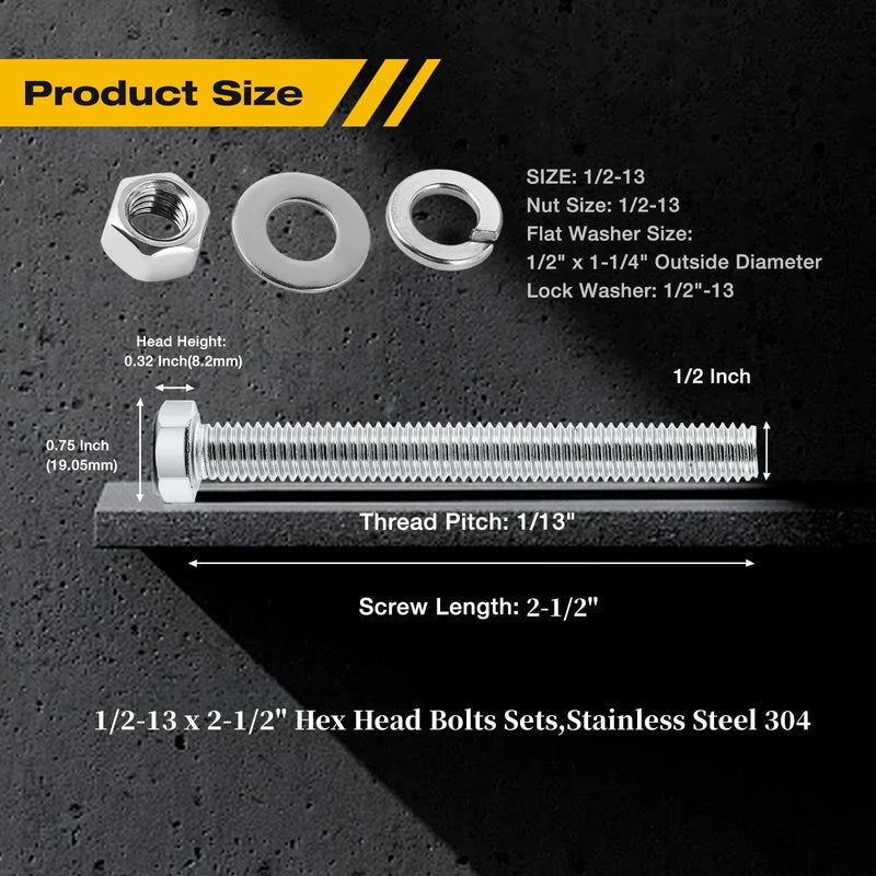 (5Set) 1/2-13 x 2-1/2" Complete Set Hex Head Screw Bolts,Nuts,Fender Flat washers,Split Lock Washers,Fully Threaded, Stainless Steel 18-8（304）, Bright Finish. (5Set)1/2-13 x 2-1/2"