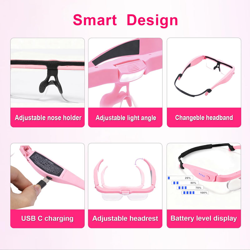 Professional Magnifying Glasses Headset with 5 Detachable Lenses 0.75X-4.0X & 3 LED Lights, Rechargeable Hands-Free Headband Magnifier for Close Work, Jewelry Crafts Hobby (Pink) Pink