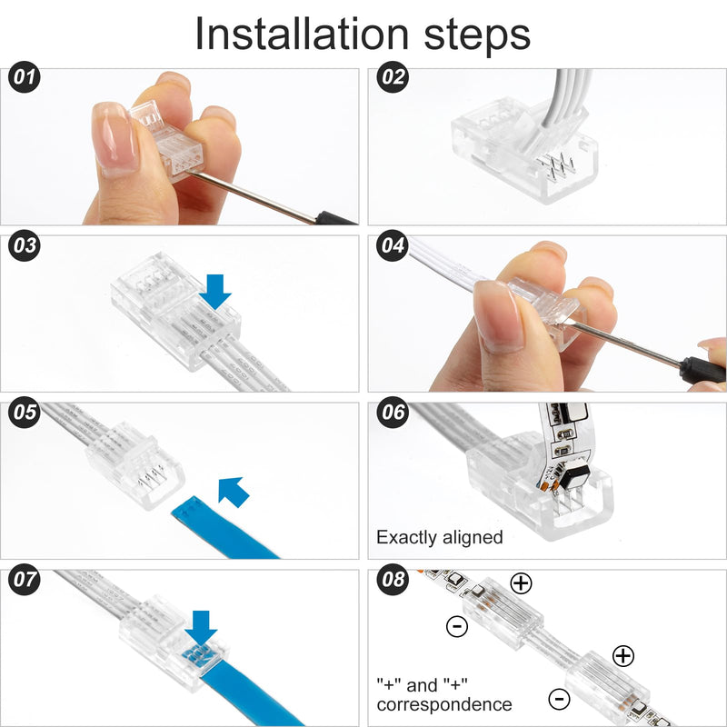 RGBZONE 10Pcs LED Strip Connector 4 Pin 8mm,Wide Strip to Wire Quick Connectors for Waterproof or Non-Waterproof 8mm Wide RGB SMD 5050/3528 LED Light Strip 4pin 8mm strip to wire