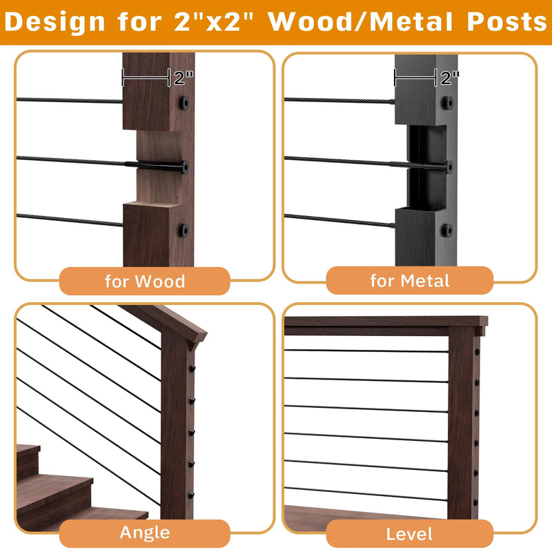 Black Cable Railing Hardware - 40 Pack 1/8" T316 Stainless Steel Invisible Receiver Swage Stud End for 2"x2" Wood Metal Post - Deck Cable Railing Kit