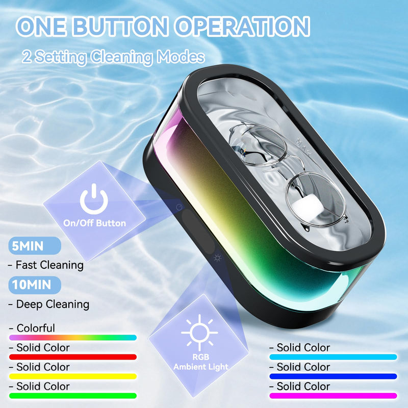 Ultrasonic Jewelry Cleaner with RGB Ambient Light, 48KHz Ultrasonic Cleaner for Jewelry, Glasses, Retainers, Dentures, Rings & Watches, 350ML SUS304 Stainless Steel Cleaning Machine, Black