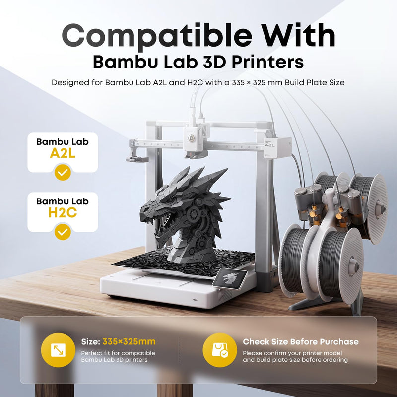 3D Printer Build Plate for Bambu Lab A2L/H2C, PET+PEO, 335x325mm | Dual texture, carbon fiber & diamond finish, flexible spring steel, easy removal, PLA TPU PETG, up to 120°C bed temp PET Carbon Fiber + PEO Diamond