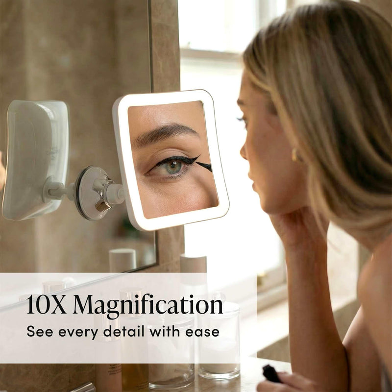 Fancii 10X Magnifying Lighted Makeup Mirror - Daylight LED Vanity Mirror - Compact, Cordless, Locking Suction, 6.5" Wide, 360 Rotation, Portable Illuminated Bathroom Mirror (Square) White