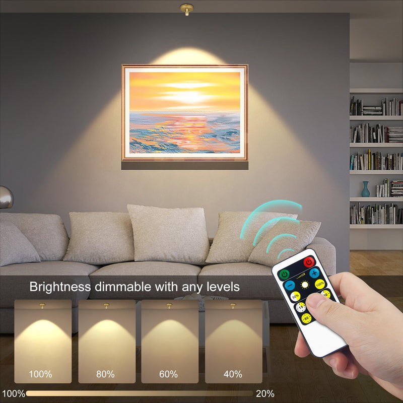 2Pack Battery Spotlight with Remote Gold, Wireless Led Picture Lights Painting Light for Wall Art,Uplight Puck Lights for Plants Indoor Art Display Light, Ceiling Spot Light Accent Light