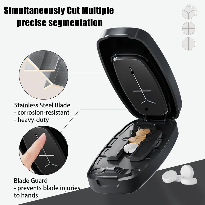 Pill Cutter Splitter for Small and Tiny Pills - Pill Cutter 1/4 - Accurately Cuts Multiple Pills - Easy Open Snap Button. Detachable Nonslip V-Shaped Pad. Wrap-Around Blade Guard. Back Storage (Black) Black