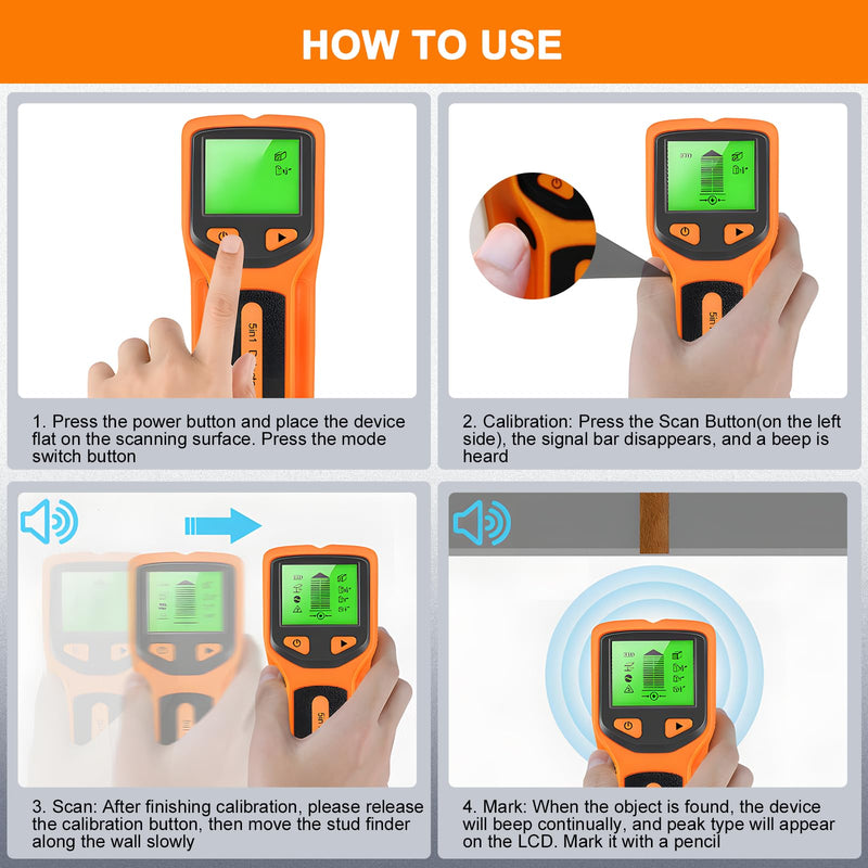 Stud Finder Wall Scanner- 5 in 1 Multifunctional Wall Detector Scanner with HD LCD Display & Audio Alarm for the Center and Edge of Wood, Metal, AC Wire & Studs Detection