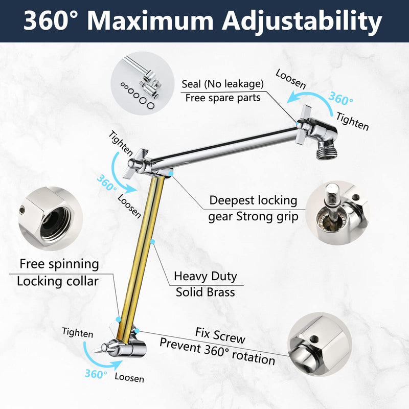 PDPBath Shower Extension Arm, 16" Upgrade Solid Brass Shower Head Shower Head Extender, Adjustable Height Extended with G1/2 Universal Connection for Rain & Handheld Shower Head - Chrome 8 Inch + 8 Inch - NewNest Australia