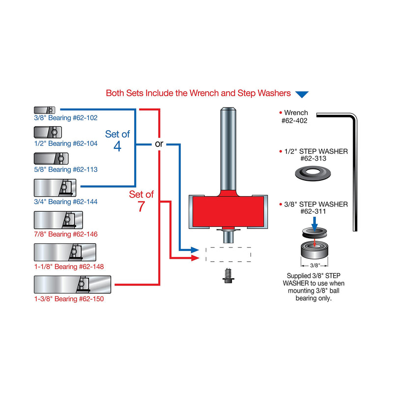 Freud 32-504 Rabbeting Bit Bearings,Flush:1/8,1/4,5/16,3/8,7/16,1/2", 1/4" Shank 1/4-Inch Shank Multi-Rabbeting Router Bit Set