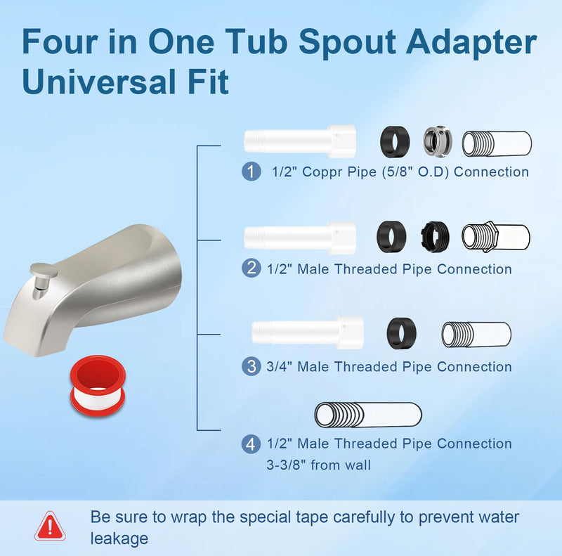 Universal Tub Spout for 1/2" Copper Pipe, 1/2" IPS and 3/4" IPS, Bathtub Faucet with Diverter and Adapter and Hex Wrench (Brushed Nickel) Brushed Nickel