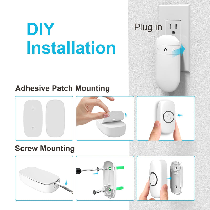 SECRUI Doorbell–Doorbell Wireless Kits for Front Door – Battery Operated Doorbell with 52 Chimes, 5 Volume Levels – Waterproof Doorbell (2 Push Buttons 2 Receivers) 2 Receivers 2 Push buttons White