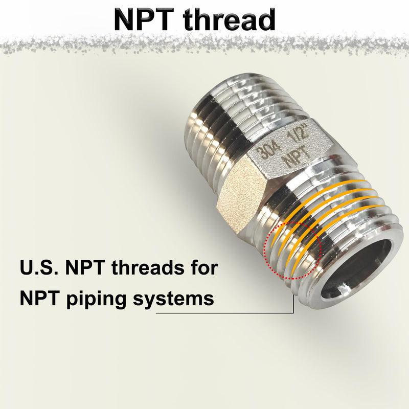 1/2" Male x 1/2" Male Hex Nipple Pipe Fittings, 304 Stainless Steel 1/2 inch NPT Male Threaded Pipe Adapter Fittings Equal Nipples Connectors, Male Straight Connector Pipe Fitting (1/2“, 2pcs) 1/2“, 2pcs