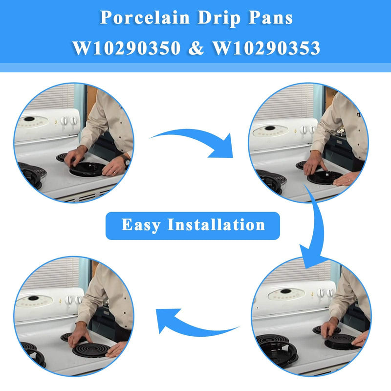 W10290350 W10290353 Burner Porcelain Drip Pans Set Replacement by APPLIANCEMATES Fits whirlpool Electric Range Stove Top Drip Bowls 4-Pack Includes 1 Large 8-Inch and 3 Small 6-Inch (Black)