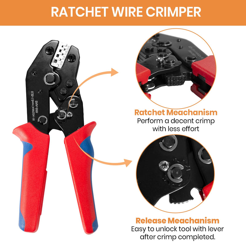 Wire Crimping Tool with Ratchet, Amliber Ratchet Wire Crimper Tool for Open Barrel Terminal Connectors, Electrical Crimping Tool for Molex Style Deutsch DELPHI AMP JST TYCO Terminals, 24-14 AWG